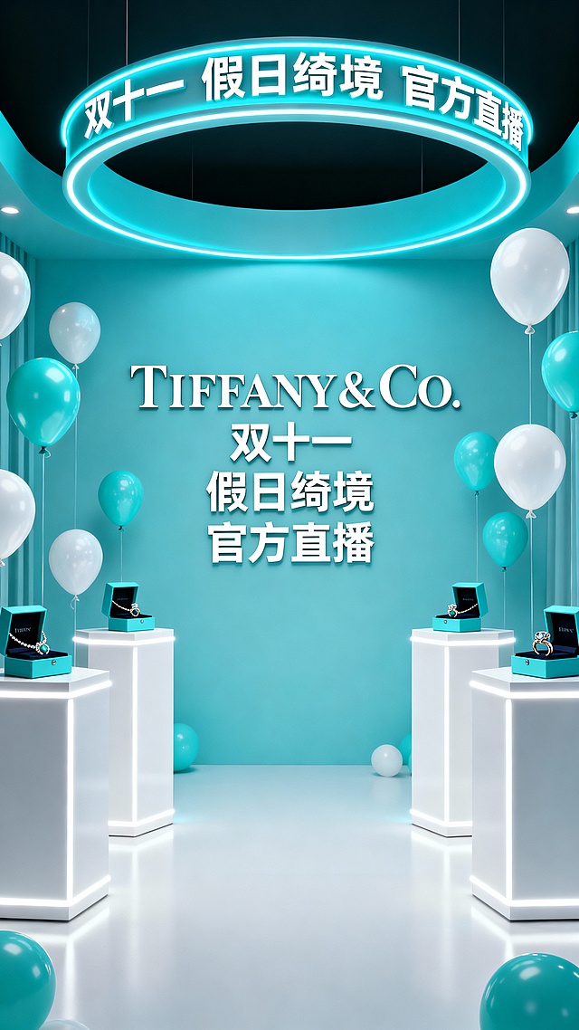 直播间，未来感与科技感交织的3D空间，霓虹灯风环形灯带点亮梦幻场景，金属质感展台搭配清透气球，展现奢华优雅的假日绮境。
