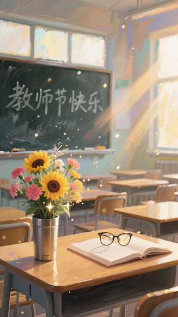 教师节快乐的黑板粉笔字，一个干净的木质讲台，上面放着一束精美的向日葵和康乃馨花束，一个保温杯，一副眼镜，一本翻开的教案，温暖的晨光从教室窗户照射进来，形成漂亮的光束，空无一人的教室，整齐的课桌，温馨而预览效果
