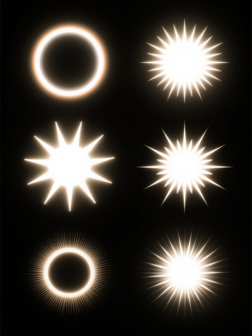 黑色背景上，六个不同样式、不同风格的太阳光整齐排列，每个太阳都散发着明亮的光芒，有的呈现出圆形的光晕，有的带有放射状的光线，有的边缘有柔和的渐变色彩，有的则是锐利的线条，整体画面简洁而富有设计感，光线效果清晰可见，营造出一种独特的视觉氛围。预览效果