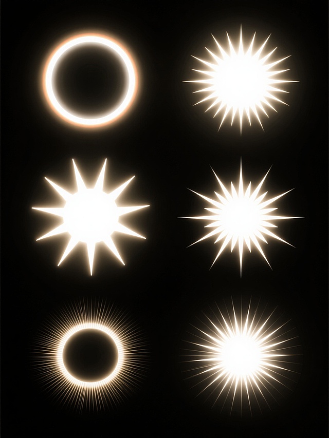 黑色背景上，六个不同样式、不同风格的太阳光整齐排列，每个太阳都散发着明亮的光芒，有的呈现出圆形的光晕，有的带有放射状的光线，有的边缘有柔和的渐变色彩，有的则是锐利的线条，整体画面简洁而富有设计感，光线效果清晰可见，营造出一种独特的视觉氛围。
