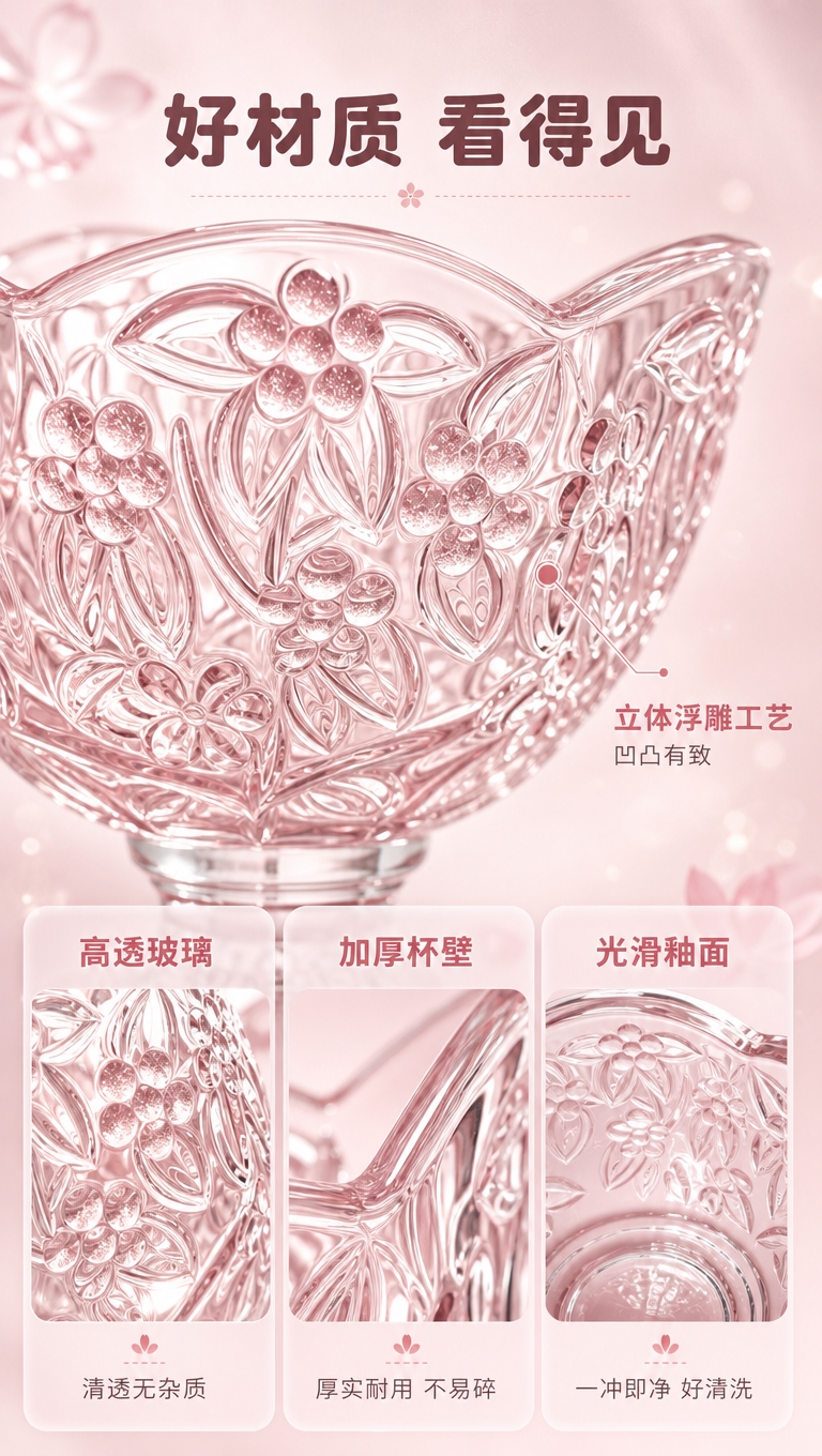 [商品] 使用【图2】浮雕粉晶高脚玻璃碗；保留浮雕花纹、玻璃材… - 图片创意预览