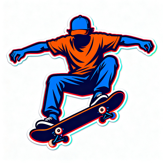 masterpiece, vector illustration, skateboarder silhouette with skateboard, in kickflip out pose, wearing street shirt and cap, pure white background, only skateboarder and skateboard, no extra background elements, blue and orange main color, thick dark outline, layered neon red and cyan outer glow, retro 90s streetwear style, bold graphic, clean flat colors, sticker design, high contrast, no gradient
