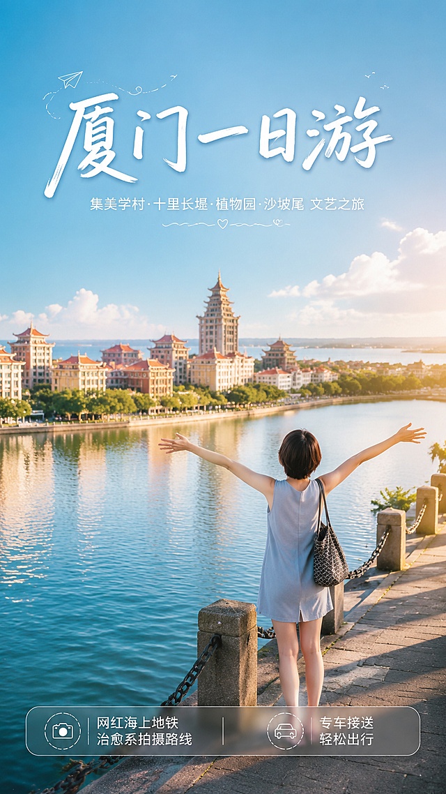 [第1屏] 详情页头图-厦门一日游文艺之旅主视觉海报。本屏使用【图1】作为场景参考与人物元素参考，提取日系治愈旅行氛围、厦门集美学村海景、红瓦建筑、女生旅行穿搭等元素融入画面。
[氛围/风格] 日系治愈清新风，旅行摄影质感，暖色调通透光影，文艺氛围感拉满，淘宝天猫详情页头图风格。
[元素布局] 画面上半部分为厦门集美学村龙舟池全景，红瓦嘉庚建筑群倒映在平静水面，远处蓝天碧海；中间偏右位置一位短发女生穿浅蓝连衣裙背对镜头张开双臂，姿态轻松愉悦；下半部分为海面与堤岸延伸线，增加纵深感；画面整体呈现厦门海滨城市的文艺治愈气质。
[光影质感] 下午三四点柔和侧逆光，金色阳光洒在建筑和水面上，人物边缘有自然光晕，水面波光粼粼，整体明亮通透，阴影柔和。
[配色色系] 全局底色以天空蓝#87CEEB和海水蓝为主，主色暖金色阳光+红瓦建筑暖色调，辅助色浅蓝连衣裙、白色云朵、绿色植被。
[视角构图] 微仰视广角构图，视觉中心为女生张开双臂的背影，阅读动线从上到下：天空建筑 → 人物 → 海面堤岸；画面上方预留标题区，下方预留信息条位置。
[文字版式] 顶部居中大标题「厦门一日游」，副标题「集美学村·十里长堤·植物园·沙坡尾 文艺之旅」，标题字体为文艺手写体风格，白色带浅阴影；底部半透明渐变信息条，左侧标注「网红海上地铁 治愈系拍摄路线」，右侧标注「专车接送 轻松出行」，文字清晰可读，不遮挡主体人物和建筑。
[比例分辨率] 9:16竖版比例，4K分辨率，文字清晰可辨，高清画质。
[负向提示词] 变形，水印，文字错乱，文字过小，人物面部模糊，建筑结构错误，颜色偏差，背景杂乱，人物比例失调。