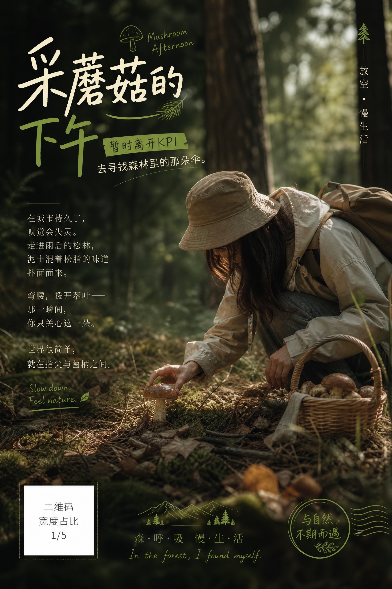 竖版海报设计，主题为「采蘑菇的下午」，慢生活放空治愈风格。画面… - 图片创意预览