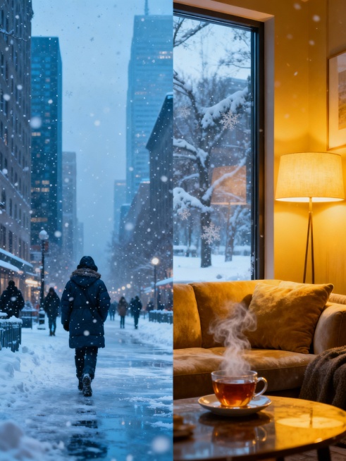 一张4：3竖版海报，左半边是寒冷的室外，右半边是温暖的室内，现代都市风格预览效果