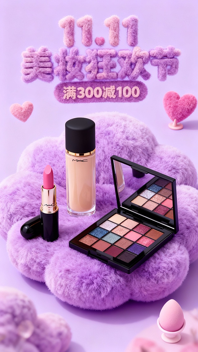 梦幻紫调软3D风，毛发生长质感云朵托举美妆产品，甜蜜浪漫氛围中融合促销信息，营造舒适治愈的视觉体验。