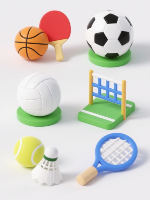 六个简约现代风格的3D立体球类运动器材图标，每个图标由纯色球体与对应运动器材组合而成，包含乒乓球与红色黄色乒乓球拍、篮球与橙色篮网、足球与黑白六边形足球和绿色草坪底座、排球与白色排球和蓝色球网、网球与黄色网球和绿色网球拍、羽毛球与白色羽毛球和蓝色羽毛球拍，所有图标采用圆润边角设计，表面有细腻的哑光质感，以白色为纯色背景，图标之间等距排列形成规整的网格布局，整体色彩明快鲜艳，光影柔和，具有简洁的……预览效果