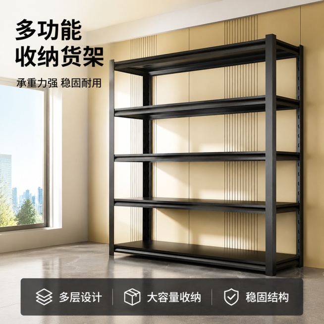 [主图-1] 现代简约客厅场景黑色多层置物收纳货架首图
[氛围风格] 温馨简约家居风，整洁有序，专业品质
[画质] 商业摄影质感，光线柔和通透，产品清晰真实，画面干净高级
[元素] 黑色五层置物货架居预览效果
