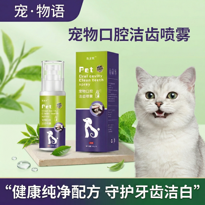 电商主图风格，画面中心是宠物口腔洁齿喷雾产品，旁边是一只牙齿洁白健康的猫咪，背景是清新的淡绿色，突出“清洁牙齿健康纯净配方”的卖点，添加醒目的文字“健康纯净配方 守护牙齿洁白”预览效果