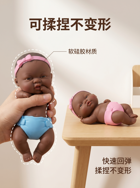 [主图-2] 搞怪娜塔莎娃娃核心卖点展示图。[氛围风格] 可爱抽象治愈风，整蛊趣味；[画质] 商业摄影质感，光线柔和通透，产品清晰真实，画面干净高级。[元素] 画面主体展示一只手揉捏娜塔莎娃娃，呈现娃预览效果