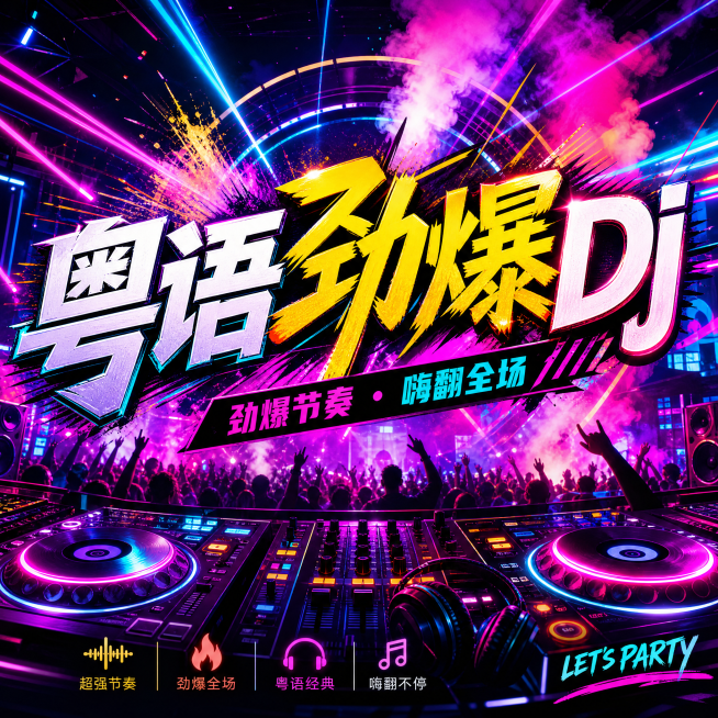 制作一张1:1正方形封面，标题文字为"粤语劲爆Dj"，夜店劲爆动感风格，带有霓虹灯光和DJ打碟元素，色彩鲜艳潮流预览效果