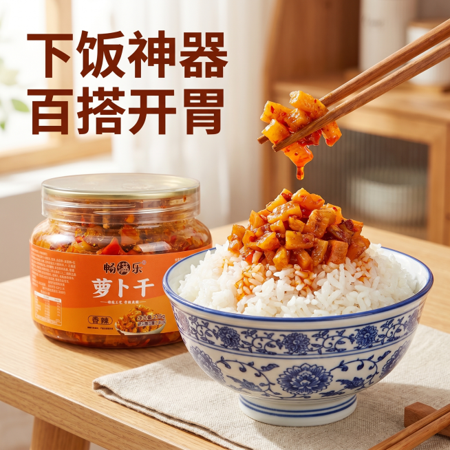 [主图 4] 香辣萝卜干食用场景展示。
[氛围风格] 日常生活风，温馨下饭场景，代入感强；
[画质] 商业美食摄影质感，光线自然通透，画面真实高级。
[元素] 白米饭盛在青花瓷碗里，上面浇盖了香辣萝卜预览效果