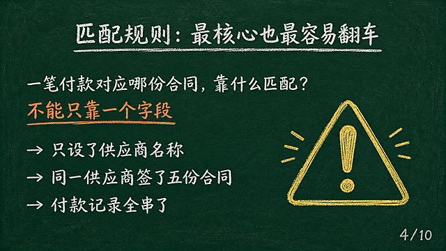 黑板报风格PPT页面，深绿色黑板背景，白色粉笔字，黄色重点标注，橙色用于情绪强调。横屏16:9比例。标题居中32号字："匹配规则：最核心也最容易翻车"。标题下方留一行空行。内容左对齐24号字，共6行：第一行"一笔付款对应哪份合同，靠什么匹配？"，第二行"不能只靠一个字段"（橙色粉笔强调），第三行空行，第四行"→ 只设了供应商名称"，第五行"→ 同一供应商签了五份合同"，第六行"→ 付款记录全串了"。配一个简笔画警告三角图标。右下角浅灰色12号字标注"4/10"。整体手绘粉笔质感，简笔画风格。