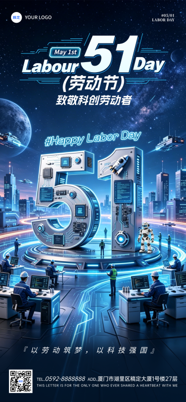 五一劳动节祝福科创劳动者科技感3D手机全屏海报预览效果