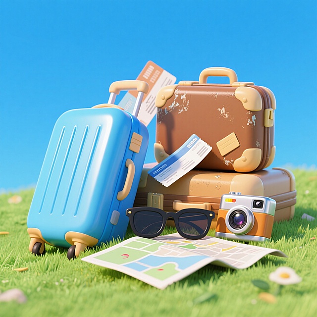 旅游元素堆放在草地上，包含2个旅行箱、机票、拍立得、墨镜、机票、地图等，蓝天背景