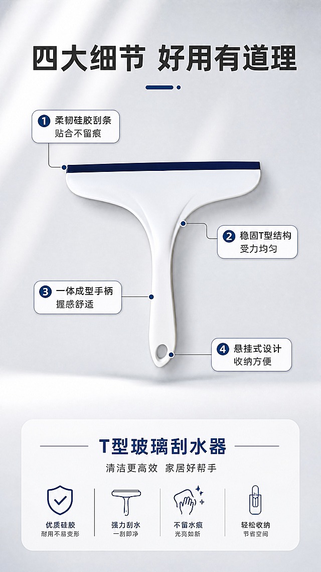 [商品] 使用【图1】手持T型玻璃刮水器；保留白色一体手柄、深蓝色硅胶刮条、T型结构、尾部悬挂圆孔的完整结构与颜色；商品处理：产品居中清晰展示，保留原貌与材质质感。
[画面] 页面目标：结构解析，用引线标注关键部件及用户收益。构图：产品居中偏上，占画面约60%，四周用细线引线标注4个关键部位；下方约30%为标题与补充信息区。景别为产品全景，阅读动线从顶部标题→产品主体→各引线标注。背景为浅灰渐变+柔和光影，突出产品。
[视觉] 套系策略：风格=简约干净的家居清洁商业摄影风；标题字=粗黑体；正文字=常规无衬线黑体；主色=纯净白+深海蓝；背景延展=浅灰渐变背景，带细腻柔光质感；强调色=深海蓝，用于引线端点小圆点、标注标签底和重点字；标题色=深炭灰；正文色=中灰；组件=细灰色引线、蓝色小圆点、圆角标注卡；光影=正上方柔和主光，产品下方有自然投影。
[文字] 顶部主标题「四大细节 好用有道理」（8字）；4处引线标注：①刮条处→「柔韧硅胶刮条 贴合不留痕」；②手柄中部→「一体成型手柄 握感舒适」；③手柄尾部→「悬挂式设计 收纳方便」；④T型连接处→「稳固T型结构 受力均匀」；文字均为横排，标注卡不遮挡产品核心结构。
[规格] 图片比例9:16竖版，4K分辨率，负向提示：避免变形、错字、文字过小、产品结构改变、颜色失真、引线杂乱。
