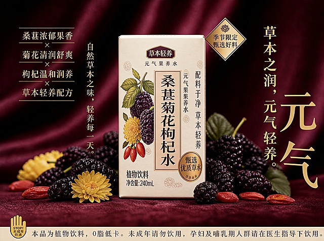 将当前桑葚菊花枸杞水饮料的罐装包装，改成同样风格的方形纸盒包装设计，保持整体风格：深红色丝绒背景、保留文字排版布局、桑葚菊花枸杞图案、奢华高级的产品展示风格，更换包装形态为方形纸盒