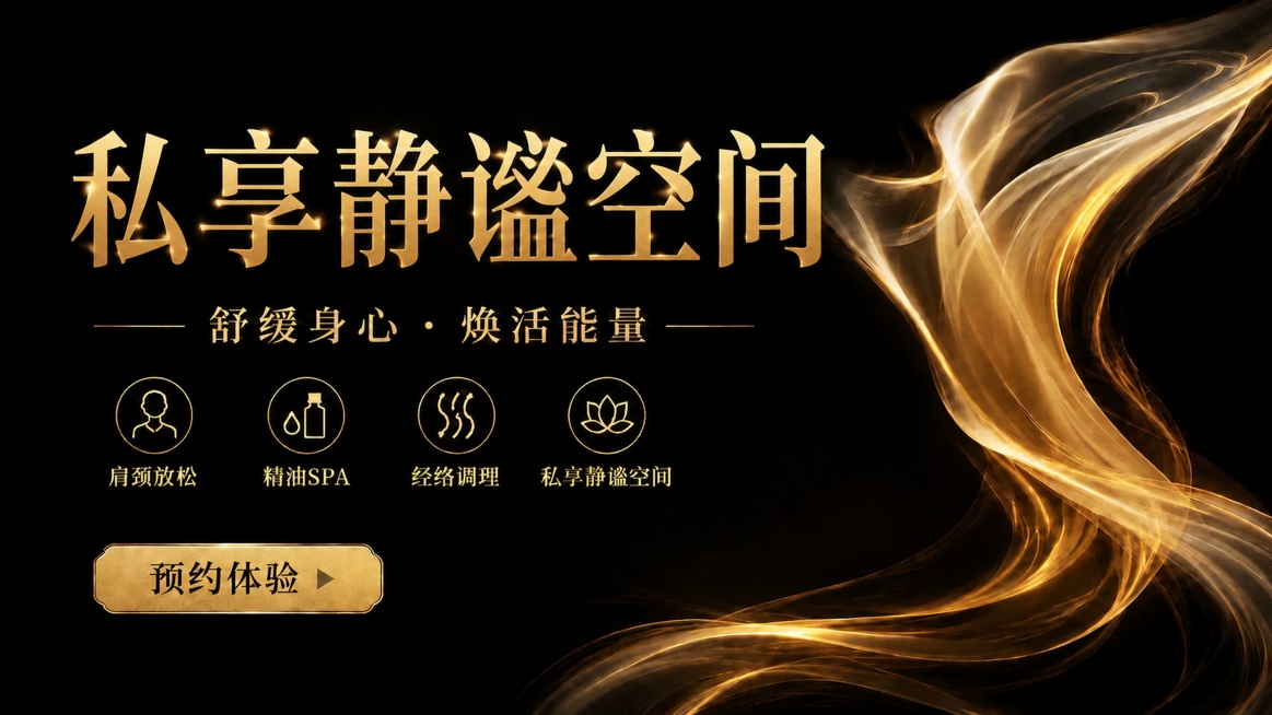 基于原图，保留背景、副标题、四个卖点、预约按钮排版和风格完全不变，仅将主标题“依一养生SPA”更换为“私享静谧空间”，保持字体风格、鎏金色、大小、居中位置都不变，文字清晰可读，整体16:9比例，超高清预览效果