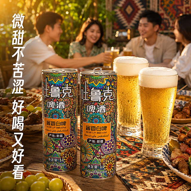 「图片1」，生成一套主图（5张），，生成一套主图（5张），商品名称是吐鲁克酱香白啤，卖点是麦芽浓度12.5°，酒精4.6，这个是他的配料表信息。品名:吐鲁克酱香白啤 产品类型:浑浊型淡色拉格啤酒 @配料:天山雪水、大麦芽切勿理山明上漆唯小麦芽、新疆啤酒花、酵母。产品说明:全麦芽酿造，大麦芽60%、小麦芽40%。0执行标准:GB/T4927-2025 @保质期:12个月质量等级:合格合格过量饮酒有害健康@贮存条件:5°C~25°C下避光贮存，禁止加热或0°C以下冷冻保存。温馨提示:本品若有少量沉淀为啤酒酵母、原料中蛋白质等成分，属产品属性，请放心饮用，口感是微甜，没有啤酒的苦涩味道，喝起来比较好喝。瓶子也好看。，适配平台，主图比例为请帮我添加倒满啤酒的杯子和图片在一起的图片。同时结合现在啤酒季节的旺季主图。帮我做一下生成。新疆特色的图片。，适配淘宝/天猫平台，主图比例为1:1