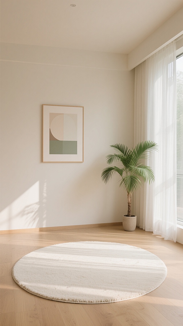 极简主义风格室内场景，米白色圆形地毯置于浅色木质地板中央，地毯质感柔软细腻，边缘有精致包边，阳光从左侧大面积落地窗透过半透明白色纱帘洒入，在地板和墙面形成柔和的光影渐变，右侧墙角处摆放一盆绿色棕榈科植物，叶片舒展自然，背景墙为温暖的浅米色，墙上挂有一幅简约风格的装饰画，画框为浅色细边框，画面主体为柔和的几何色块，整体氛围宁静、明亮、温馨，具有现代简约的高级设计感，空间布局开阔通透，光线充足，色彩以米白、浅木色、绿色为主，色调统一和谐，视觉层次清晰，营造出舒适自然的居家环境。