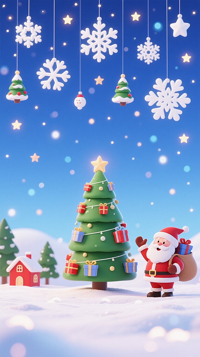 软3D粘土风格圣诞场景，卡通感十足的圣诞老人与装饰树，搭配悬挂雪花与星光，营造梦幻温馨的节日氛围。