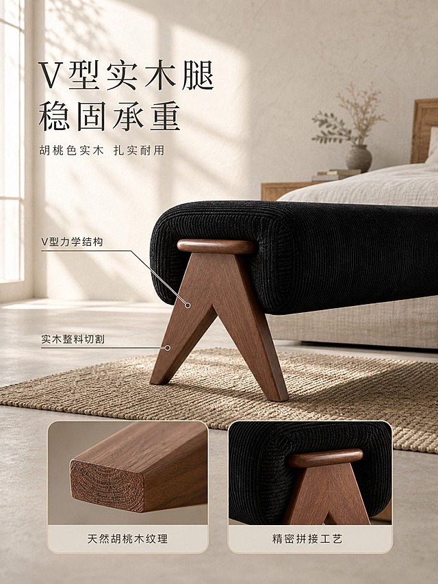 [主图-2] 结构与稳固性卖点主图，展示实木V型腿的承重稳固与结构设计亮点。
[统一基调] 侘寂风自然美学，暖调米白肌理墙面，微水泥地面，天然编织地毯，原木家具搭配干花绿植，午后侧窗自然光形成柔和光斑，整体色调为米白、原木棕、炭黑、暖灰；标题用深灰衬线体，辅助文案用浅灰无衬线体，文字左对齐，点缀细线图标，满版无边框。
[画面] 产品为黑色灯芯绒长凳，圆润弧形软包，胡桃色实木V型腿，与参考图外观完全一致；低角度侧视视角，重点突出V型实木腿结构，主体占画面约65%；放置在侘寂风卧室床尾场景，背景可见浅米色布艺床尾一角与编织地毯，墙面为米白肌理墙，左侧有窗光；画面以凳腿结构为视觉焦点，通过引线标注指向V型腿的关键结构部位；底部叠加两个圆角矩形画中画，分别展示实木腿截面木纹细节与凳腿与软包连接部位的工艺细节。
[光影质感] 商业家居摄影质感，侧窗自然光斜射，实木腿木纹清晰可见，V型结构的明暗对比突出立体感，灯芯绒软包绒面质感细腻，地面有柔和的凳腿投影，产品与场景自然融合。
[配色] 主色米白+原木棕+炭黑+暖灰；标题深炭灰色，辅助文案中灰色，引线与标注用深棕色细线，画中画边框为浅木色细线。
[文字版式] 画面左上部主标题「V型实木腿 稳固承重」，深灰色衬线粗体；下方副标题「胡桃色实木 扎实耐用」，灰色小号无衬线体；两条引线从文字区指向V型腿的两个受力点，分别标注「V型力学结构」「实木整料切割」；底部两个画中画下方分别标注「天然胡桃木纹理」「精密拼接工艺」；文字均放在负空间不遮挡产品主体。
[输出要求] 3:4竖版比例，2K高清，产品清晰不变形，结构细节清楚，文字清晰可读；负向：变形、错字、模糊、杂乱、水印、平台Logo、悬浮、穿模、木纹失真。