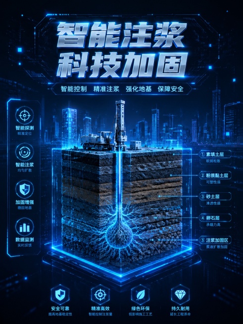 注浆加固宣传海报，科技未来风设计，深蓝色科技背景，发光线条和数据粒子，中央是3D全息投影式的地基注浆加固示意图，显示土层结构和浆液扩散路径，画面文字"智能注浆 科技加固"，科技感十足，赛博朋克工业风，预览效果
