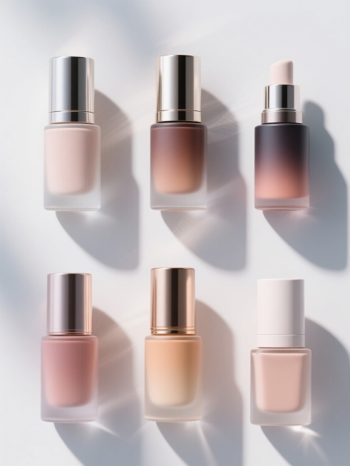 6款不同配色、不同样式、不同材质的美妆造型产品，采用上下两行对齐排列的构图方式，整体呈现出高度写实的3D渲染效果，产品具有光滑细腻的渐变色彩过渡和清晰的金属质感瓶盖，所有元素均置于纯净的浅色背景之上，画面简洁明快，光影运用柔和，突出产品的立体感和精致细节，设计风格现代简约，视觉层级清晰，信息传达高效。预览效果