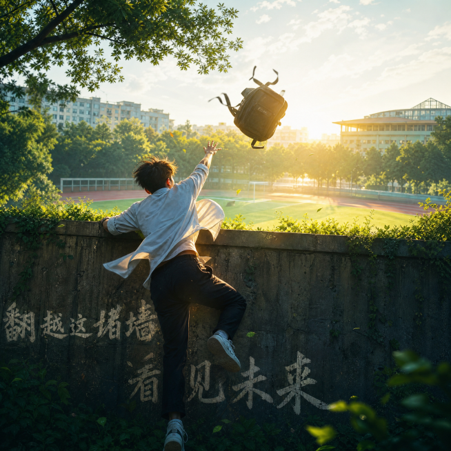 一个年轻人把书包扔过高高的围墙，围墙另一侧是青葱的校园，阳光明媚，画面充满青春勇气与破釜沉舟的哲理氛围，构图故事感强，光影柔和预览效果