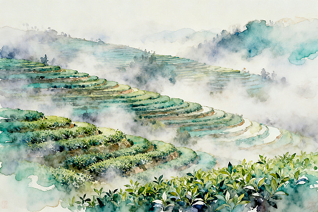 晨雾茶园，晨雾中连绵的梯田茶园，层次丰富的玉色釉彩，柔和晕染边缘，油画风格