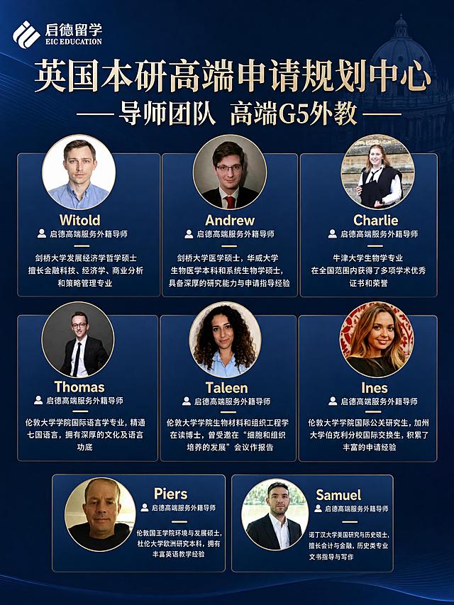重新设计这张外籍导师介绍图的排版和配色，保留原图中所有导师头像照片和文字介绍内容不变，采用专业高端的导师展示风格，深蓝色调为主，版式整洁有序，突出导师资历背景