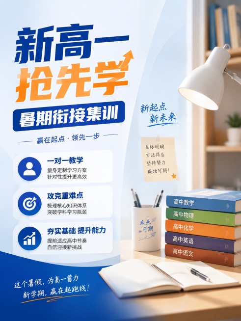 衔接辅导海报，主标题"新高一抢先学"，副标题"暑期衔接集训"，卖点：一对一教学，攻克重难点，左侧文字+右侧简约书桌场景，左右均衡构图，3:4比例，文字清晰突出，教育风专业，版式精美预览效果