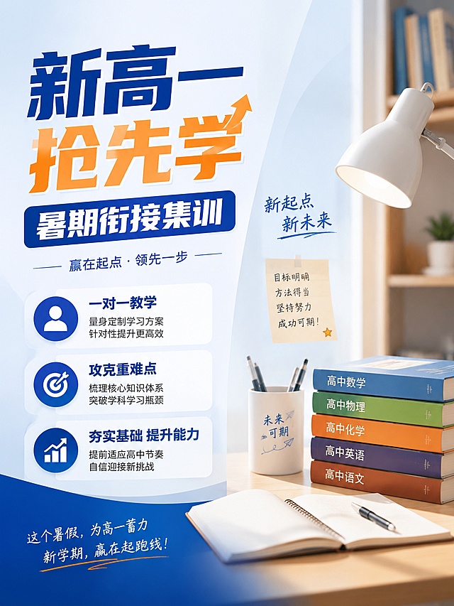 衔接辅导海报，主标题"新高一抢先学"，副标题"暑期衔接集训"，卖点：一对一教学，攻克重难点，左侧文字+右侧简约书桌场景，左右均衡构图，3:4比例，文字清晰突出，教育风专业，版式精美