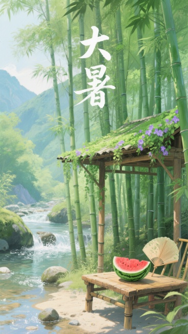 画面主体是一片翠绿的竹林，修长的竹子高耸挺拔，竹林边有座小巧的木质凉棚，棚顶覆盖着翠绿色的藤蔓植物，点缀着淡紫色的小花。凉棚下，一张古朴的木桌上放着一盘切好的翠绿西瓜，红色瓜瓤水润诱人，旁边还有一把精预览效果