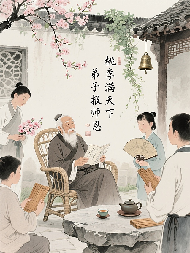 古典中式工笔风，水墨渲染，文人雅集，桃李满天下，弟子报师恩。