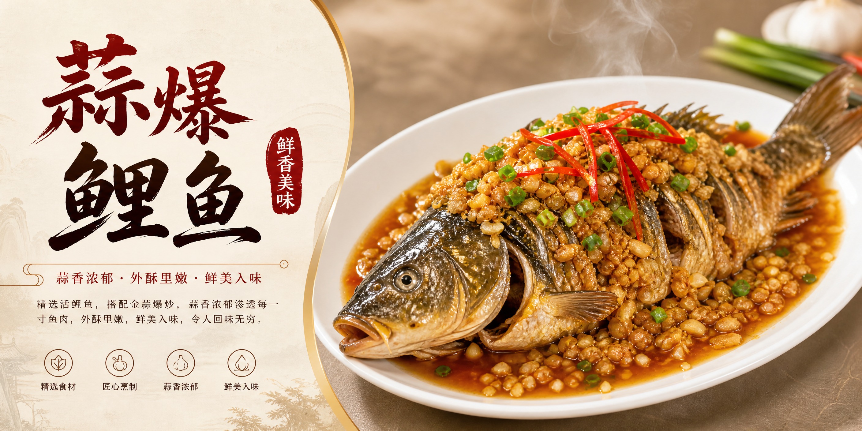2:1横版美食海报，左侧为文字区域，右侧为蒜爆鲤鱼菜品图片。左… - 图片创意预览