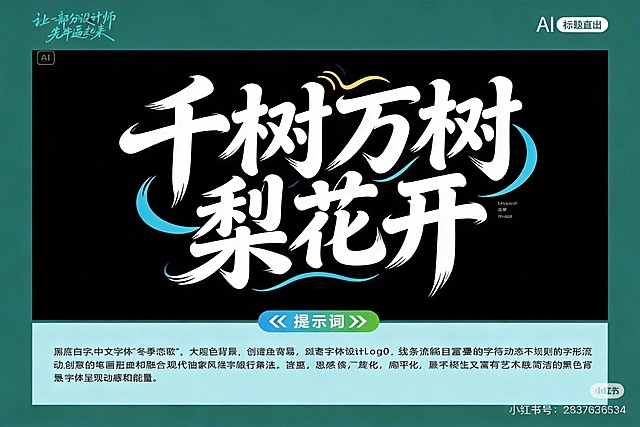 参考参考图的夸张行楷变形字体风格，设计黑底白字"千树万树梨花开"，行楷体变形，笔画相互连接，变形夸张，延续参考图动感设计特点