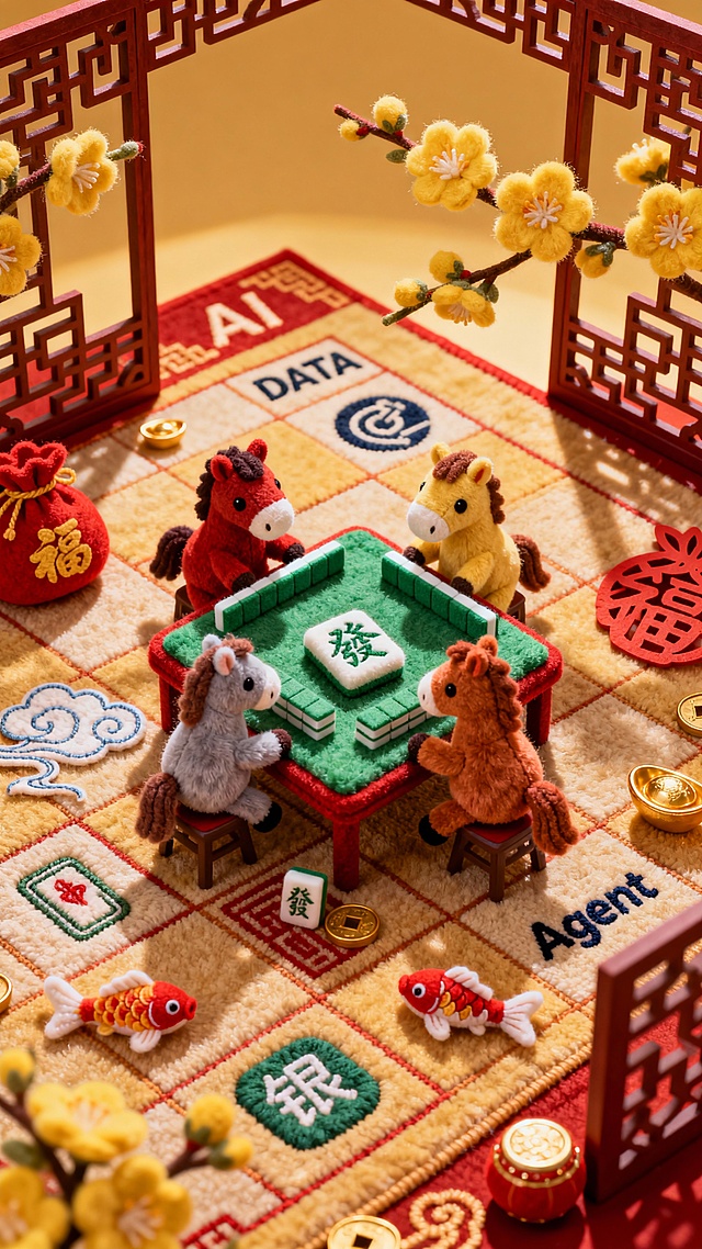 画面整体采用新中式古风背景，
随意摆放的毛绒立体小摆件
（黄色的毛绒梅花，
站立的大大圆鼓鼓的红色镂空立体福袋，飘逸的祥云，嬉戏的小锦鲤，圆鼓鼓的金元宝）。画面中间是小场景
（四匹颜色各异的卡通小骏马坐在一起打麻将，桌子上都是打出的刺着“发”的毛绒绿色麻将）
背景是绣着的“AI”，“DATA”，“Agent”，“银行图标”等填充的方格地毯。
四个拐角是镂空装饰框架，画面是立体景深效果，有里外层次感，梅花从里向外探出来。有一些光感照射到桌面上
