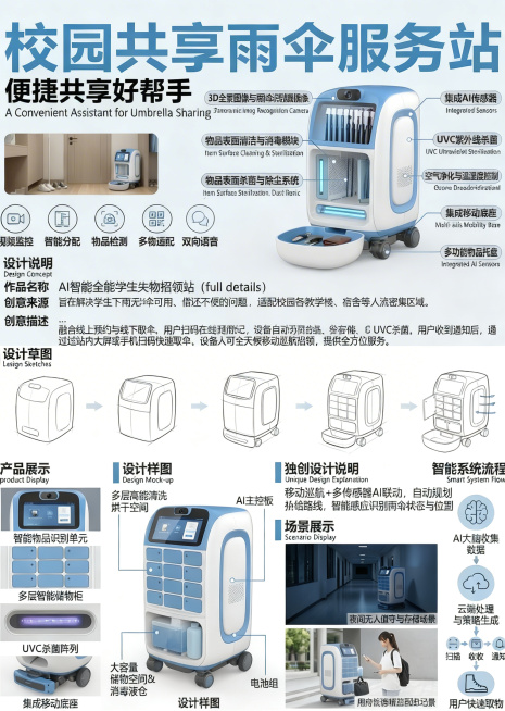仿照参考海报格式设计校园共享雨伞创意海报，包含作品名称、创意来源、创意描述、设计草图、设计样图、独创设计说明等板块。主题为校园共享雨伞，方便学生下雨时及时使用避免淋雨，整体采用清晰蓝白配色，图文排版工预览效果