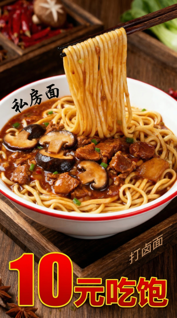 修改这张打卤面海报：在碗边印上黑色书法字体"私房面"字样，在托盘木边写上"打卤面"做标识；放大"10元吃饱"文字，将文字改为更鲜艳醒目的大红色配黄色描边，更突出显眼，保持原图诱人的打卤面主体和整体风格预览效果