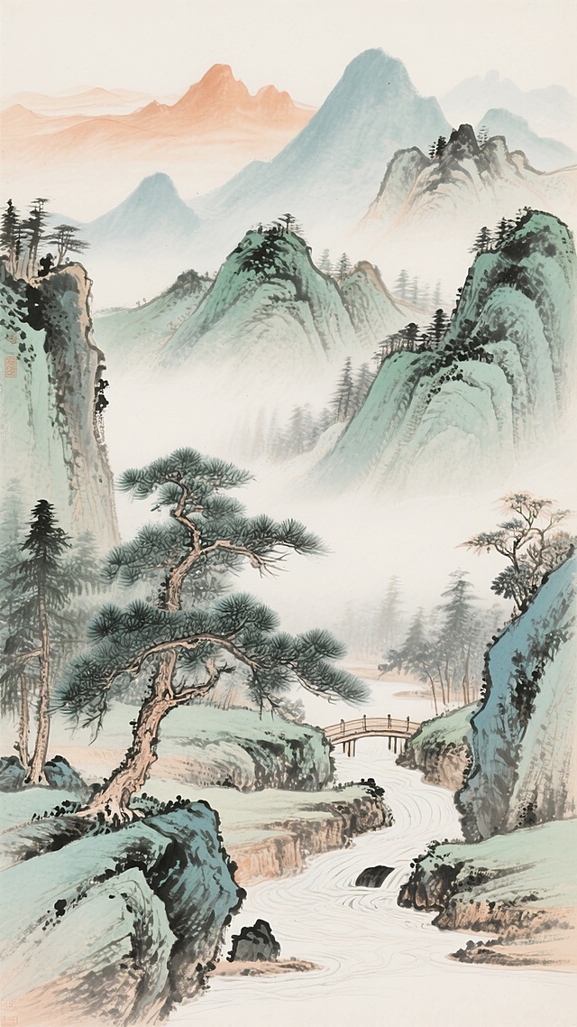 中国传统山水画风格，以淡赭石、墨绿、花青为主色调，采用工笔与写意结合的笔法，描绘层叠的山峦、苍翠的松树、山间的溪流和古朴的小桥。画面构图深远，近景松树姿态苍劲，中景山石纹理清晰，远景山峰朦胧，营造出宁静悠远的意境。整体色调清雅和谐，线条流畅自然，水墨晕染效果柔和，留白恰到好处，呈现出干净雅致的视觉感受，适合作为背景素材使用。