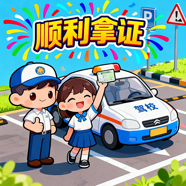 扁平插画风格，驾校拿证宣传海报，穿校服的女生开心举着机动车驾驶证，身旁的教练竖起大拇指，背景有彩色礼花和“顺利拿证”的艺术字，整体氛围欢快喜庆，1:1正方形尺寸