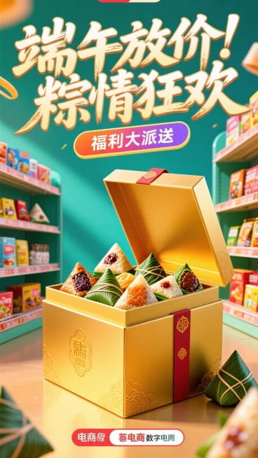 顶部大标题是“端午放价 粽情狂欢”，狂草字体，下方色框内是副标题“福利大派送”，主体是巨型金色粽子礼盒，盖子靠在礼盒旁边，礼盒内是各种口味的粽子。周围是货架展示爆款商品。整体融合传统端午元素与现代电商预览效果