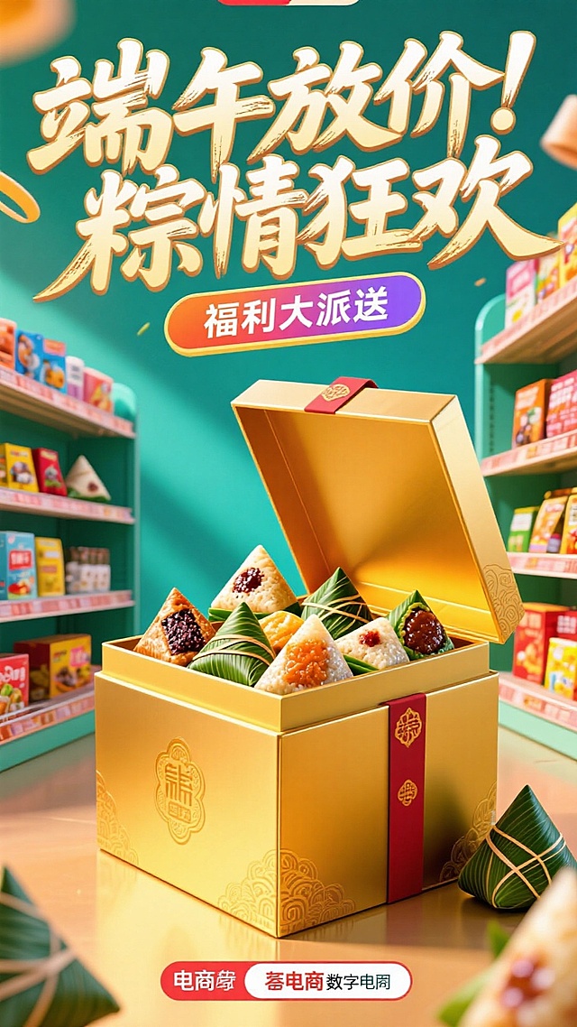 端午节3D鎏金风设计，大字喜庆促销，中式元素点缀，营造浓烈节日氛围。