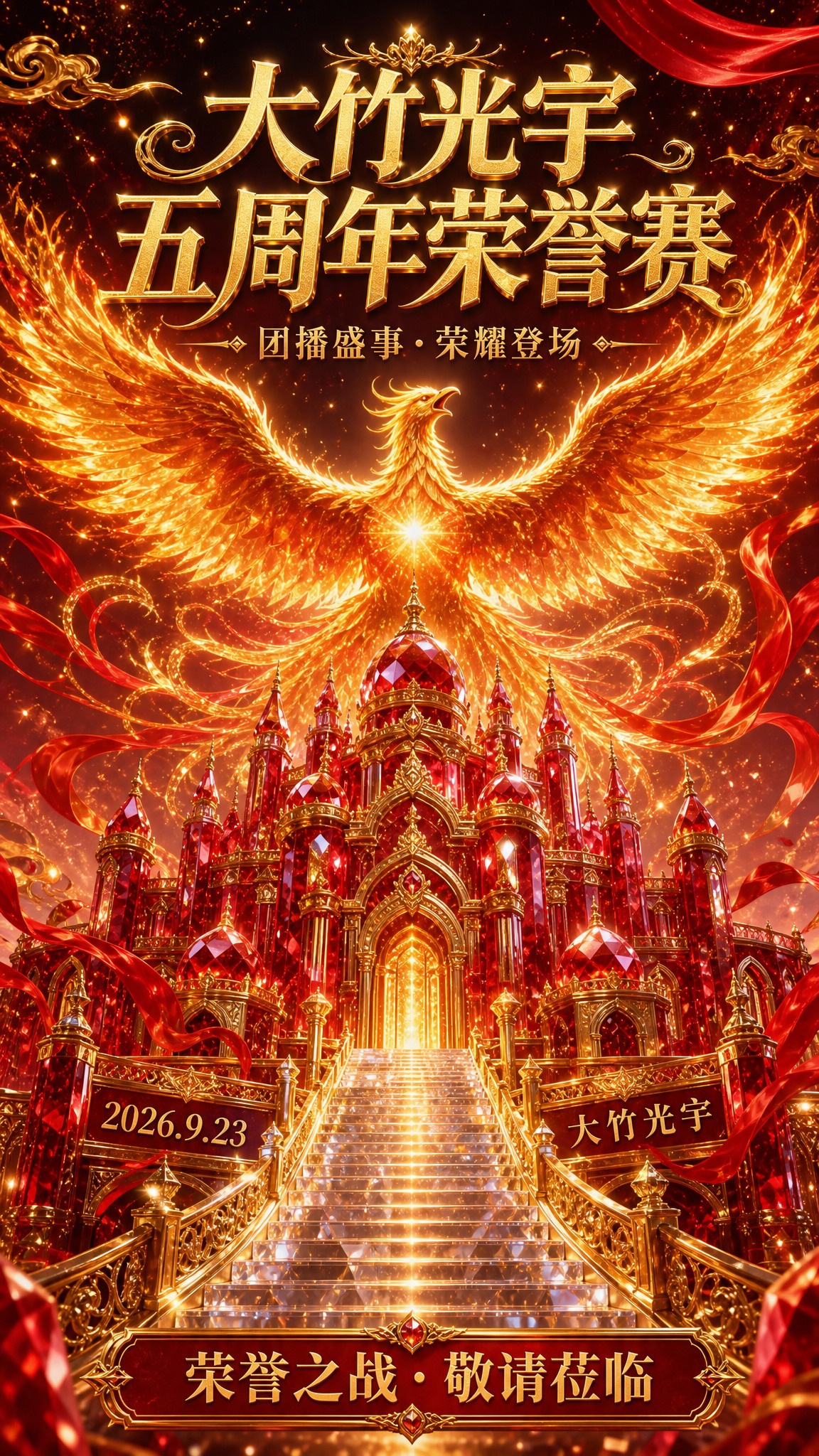 综合参考三张海报的优点，生成一张全新的五周年荣誉赛庆典海报。画… - 图片创意预览