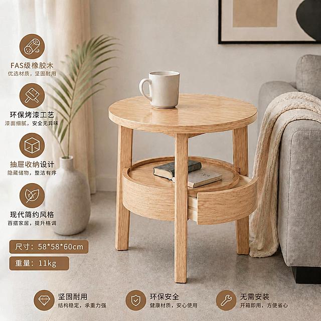 将整个圆形茶几的木质颜色修改为原木浅木色，保留所有其他内容、文字信息和场景不变，纹理自然清晰
