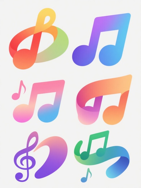 白色背景上，六个系列素材规整排布，每个素材均保持原有的数字艺术风格，包含平滑过渡的渐变色彩、流畅的曲线线条和音乐符号元素（高音谱号、八分音符、四分音符、升号等），但每个素材整体色彩完全不同，分别呈现红橙渐变、黄绿渐变、蓝紫渐变、粉蓝渐变、橙紫渐变、绿蓝渐变，每个素材中的音乐符号以相似的飘逸动感曲线排列，保持一致的视觉轻盈感和现代设计感，整体形成色彩丰富且风格统一的系列集合。预览效果