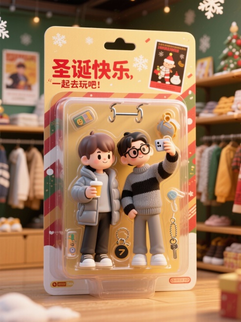 盒子上部有文字“圣诞快乐”，小字“一起去玩吧！“预览效果