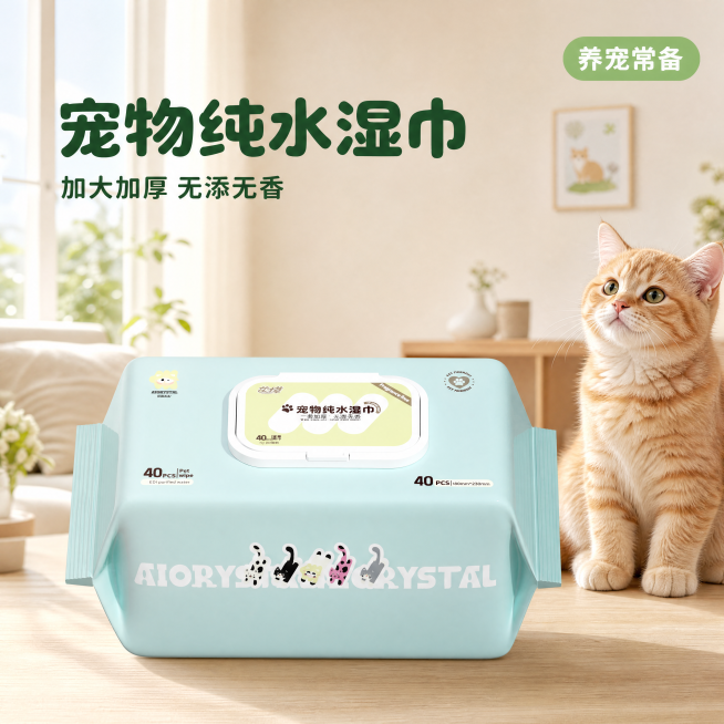 [主图-1] 宠物纯水湿巾产品首图。
[氛围风格] 奶油风家居场景，温馨治愈干净风格；
[画质] 商业摄影质感、光线柔和通透、产品清晰真实、画面干净高级。
[元素] 浅蓝色包装宠物纯水湿巾居中放置在温预览效果