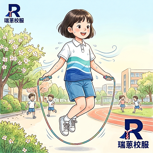修改这件衣服，改成参考图里的三水校服，白色polo翻领，衣身带有青绿色浅蓝色深蓝色波浪条纹，polo领是白色不要蓝色领子，将瑞蒽校服logo移动放置到画面左上角位置，保持小学语文插画风格，小学生跳绳场景不变，保留吸湿排汗凉感效果，保持整体构图不变